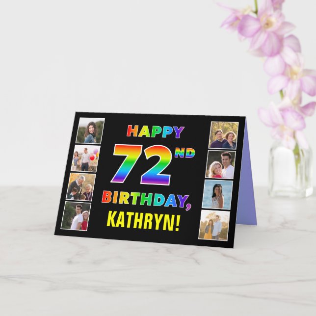 72nd Birthday: Rainbow Text, Custom Photos & Name Card (Orchid)