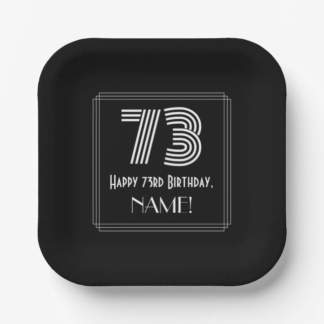 73rd Birthday — Art Deco Inspired Look “73” + Name Paper Plate (Front)