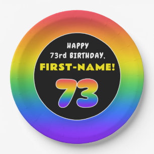 73rd Birthday: Colourful Rainbow # 73, Custom Name Paper Plate
