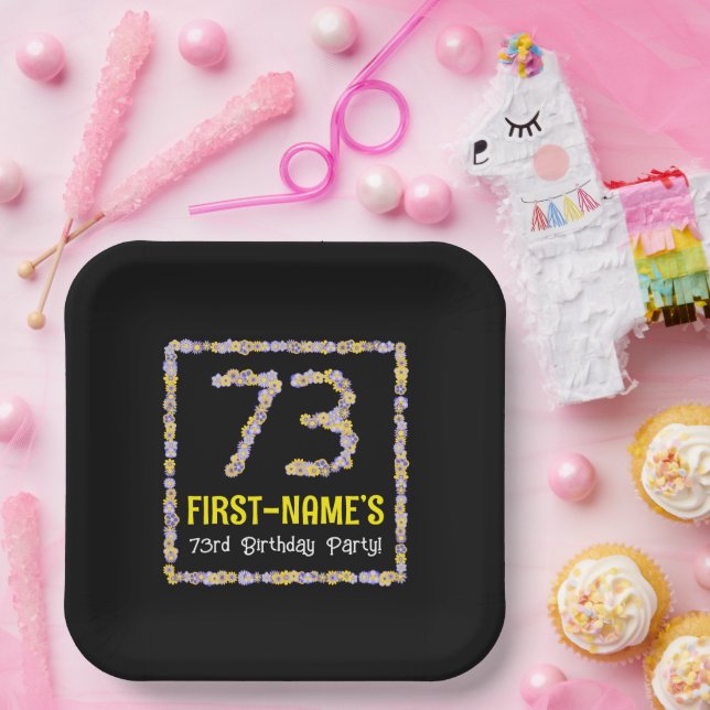 73rd Birthday: Floral Flowers Number, Custom Name Paper Plate (Party)