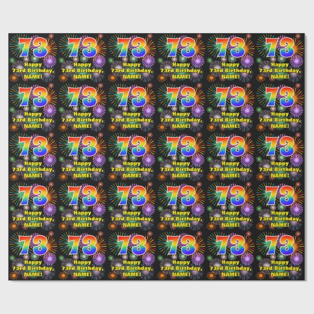 73rd Birthday: Fun Fireworks, Rainbow Look # “73” Wrapping Paper (Flat)