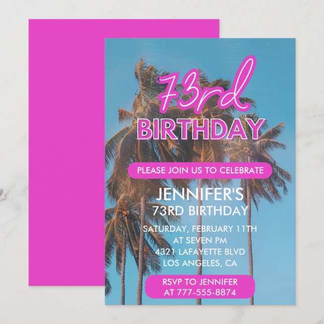 73rd birthday invitation Summer Pink Palm tree (Front/Back)