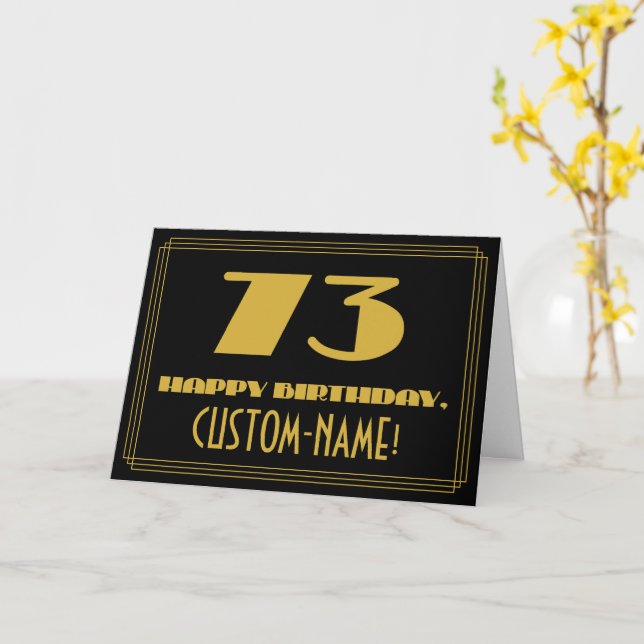 73rd Birthday: Name + Art Deco Inspired Look "73" Card (Yellow Flower)