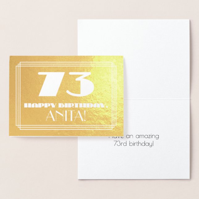 73rd Birthday: Name + Art Deco Inspired Look "73" Foil Card (Display)