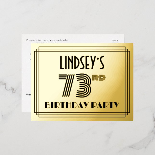 73rd Birthday Party ~ Art Deco Style “73” + Name Foil Invitation Postcard (Front/Back)