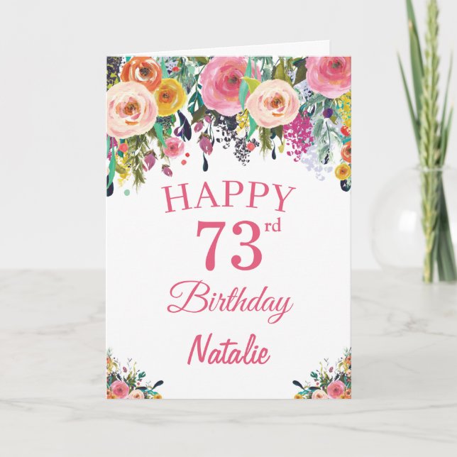 73rd Birthday Watercolor Floral Flowers Pink Card (Front)