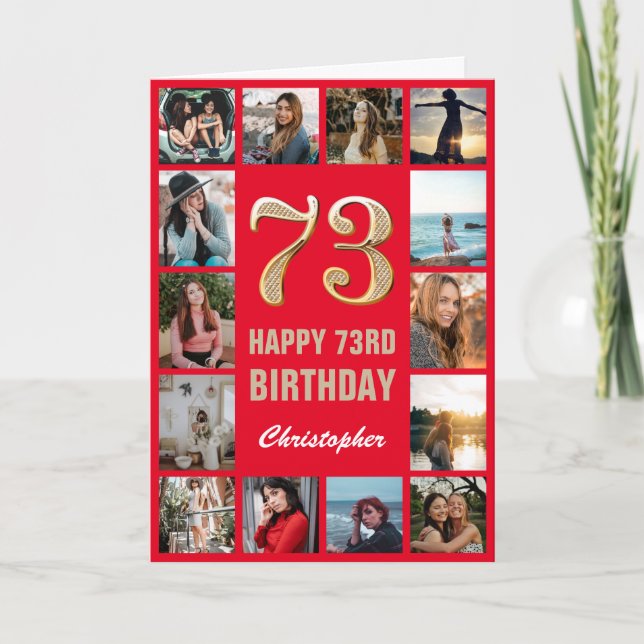 73rd Happy Birthday Red and Gold Photo Collage Card (Front)