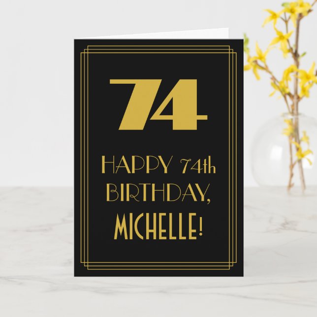 74th Birthday ~ Art Deco Inspired Look "74" & Name Card (Yellow Flower)