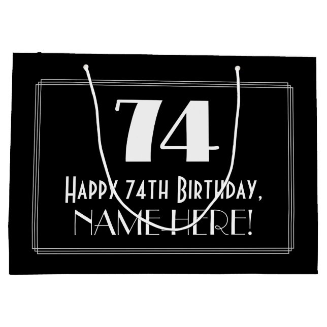 74th Birthday: Art Deco Inspired Style "74", Name Large Gift Bag (Back)