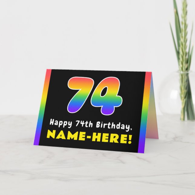 74th Birthday: Colourful Rainbow # 74, Custom Name Card (Front)