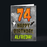 74th Birthday: Eerie Halloween Theme   Custom Name Card<br><div class="desc">The front of this scary and spooky Halloween themed birthday greeting card design features a large number “74”. It also features the message “HAPPY BIRTHDAY, ”, plus a custom name. There are also depictions of a ghost and a bat on the front. The inside features a customizable birthday greeting message,...</div>
