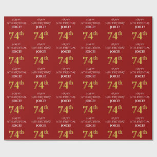 74th Birthday: Elegant, Red, Faux Gold Look Wrapping Paper