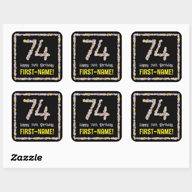 74th Birthday: Floral Flowers Number, Custom Name Square Sticker (Sheet)