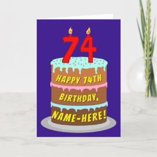 74th Birthday: Fun Cake and Candles + Custom Name Card