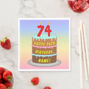 74th Birthday: Fun Cake and Candles + Custom Name Napkin