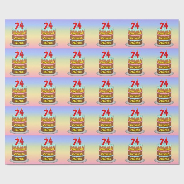 74th Birthday: Fun Cake and Candles + Custom Name Wrapping Paper (Flat)