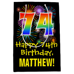 74th Birthday: Fun Fireworks Pattern + Rainbow 74 Medium Gift Bag