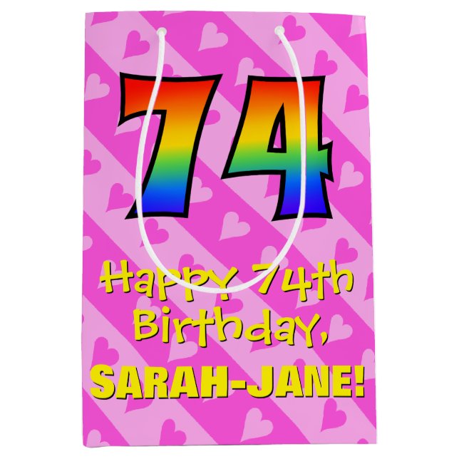 74th Birthday: Fun Pink Hearts Stripes; Rainbow 74 Medium Gift Bag (Front)