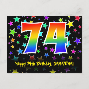74th Birthday: Fun Stars Pattern, Rainbow 74, Name Postcard