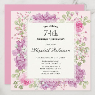 74th Birthday Invitation Elegant Pink Flowers