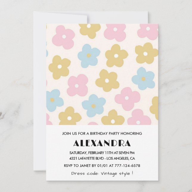 74th birthday invitations Retro Flowers (Front)
