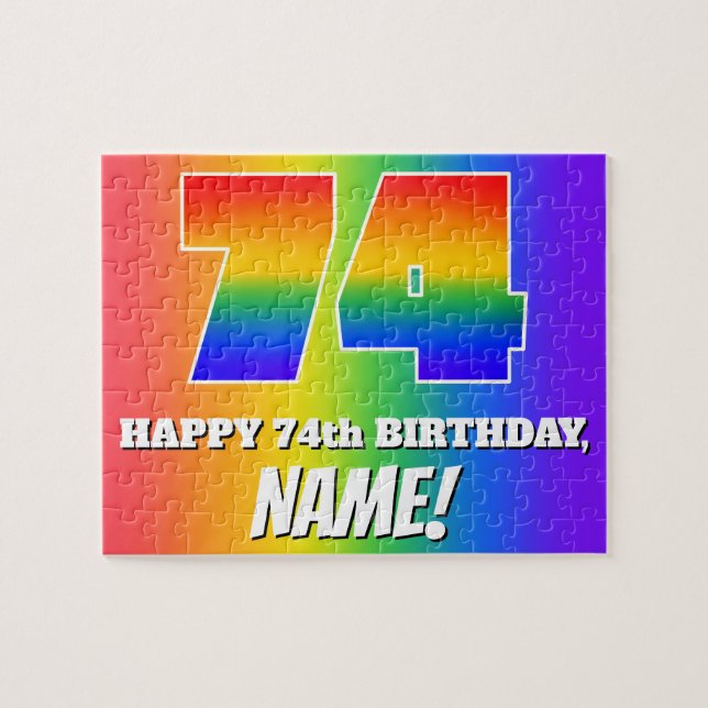 74th Birthday — Multicolored Rainbow Pattern “74” Jigsaw Puzzle (Horizontal)