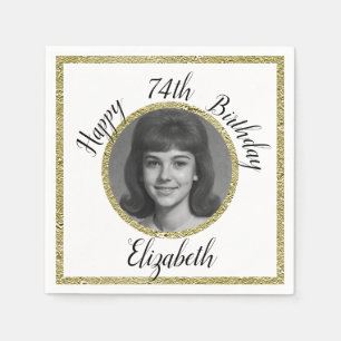 74th Birthday Napkins Custom Photo White and Gold