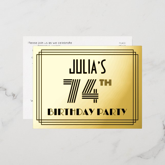 74th Birthday Party ~ Art Deco Style “74” + Name Foil Invitation Postcard (Front/Back)