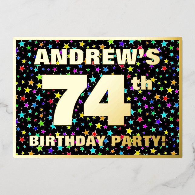 74th Birthday Party — Fun, Colourful Stars Pattern (Front)