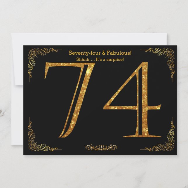74th Birthday party,Gatsby styl,black gold glitter Invitation (Front)