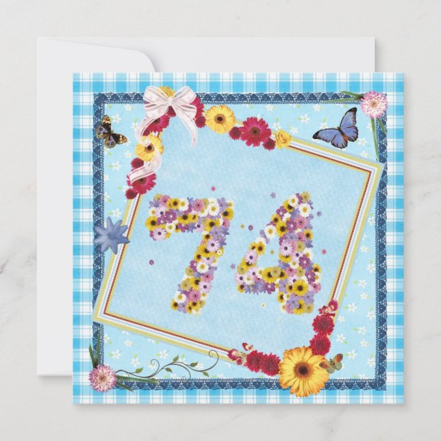 74th Birthday party Invitation flowers,butterflies (Front)
