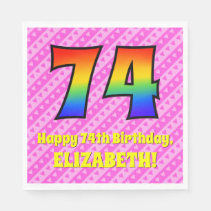74th Birthday: Pink Stripes & Hearts, Rainbow # 74 Napkin