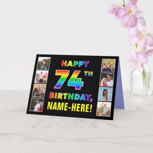 74th Birthday: Rainbow Text, Custom Photos & Name Card (Orchid)