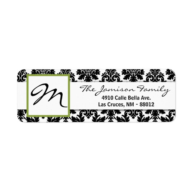 .75"x2.25" Return Address Label Black Green Damask (Front)