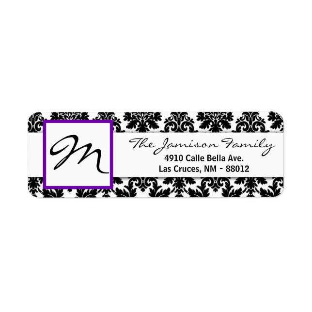 .75"x2.25" Return Address Label Black Purpl Damask (Front)