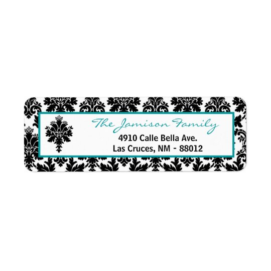 .75"x2.25" Return Address Label Black Teal Damask
