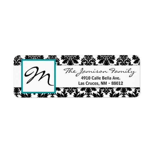 .75"x2.25" Return Address Label Black Teal Damask