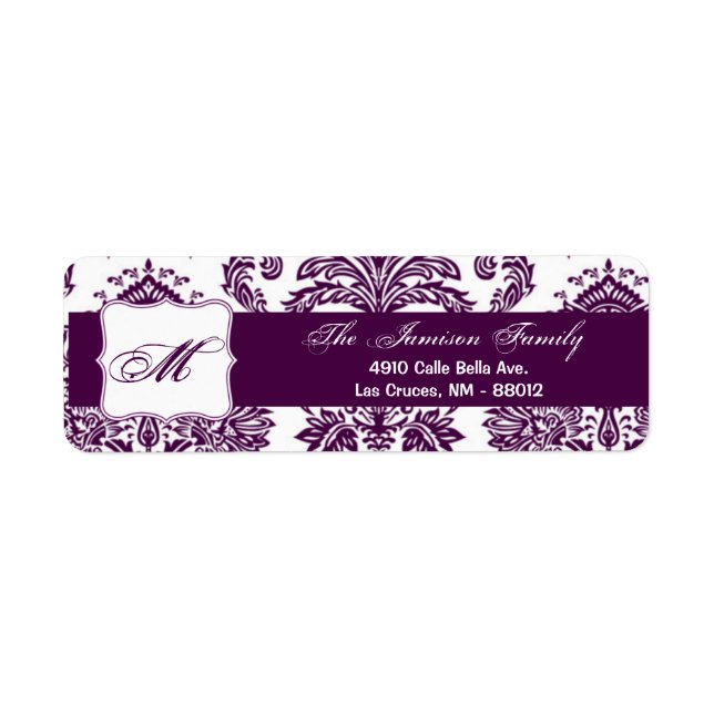 .75"x2.25" Return Address Label Plum Purple Damask (Front)