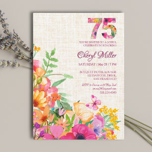 75 Years Flowers Floral Linen 75th Birthday Invitation