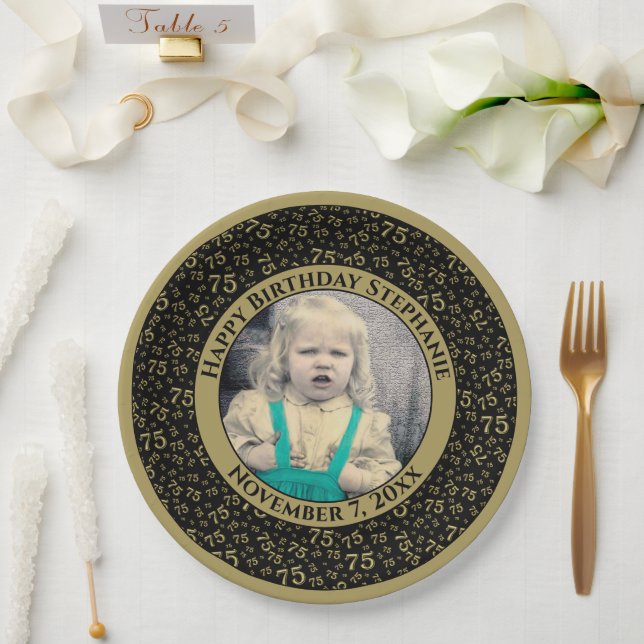 75 Your Photo Random Number Pattern Black/Gold Paper Plate (Wedding)