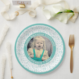 75 Your Photo Random Number Pattern Teal/White Paper Plate