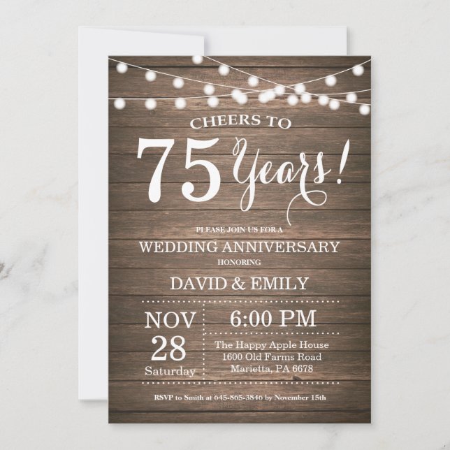 75e anniversaire du Mariage Invitation Bois rustiq (Devant)