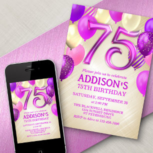 75e anniversaire Invitation Ballons roses