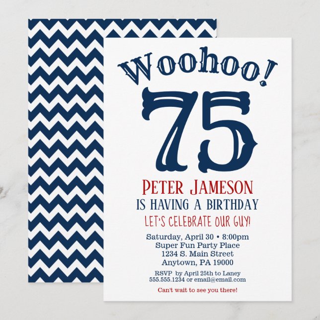 75e anniversaire Invitation Mens Marine Bleu (Devant / Derrière)