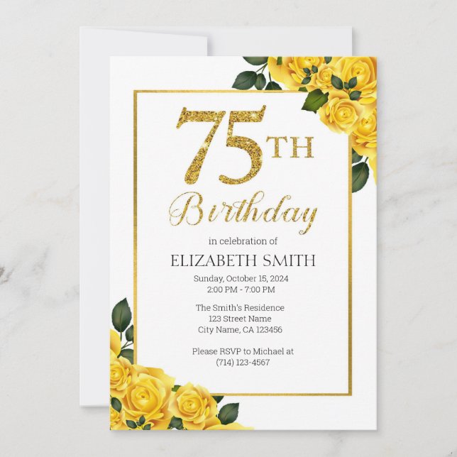 75e anniversaire Invitation Modèle Roses Jaunes (Devant)