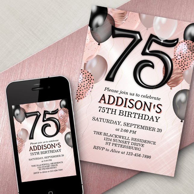 75e anniversaire Rose Gold Ballons Invitation (Créateur téléchargé)