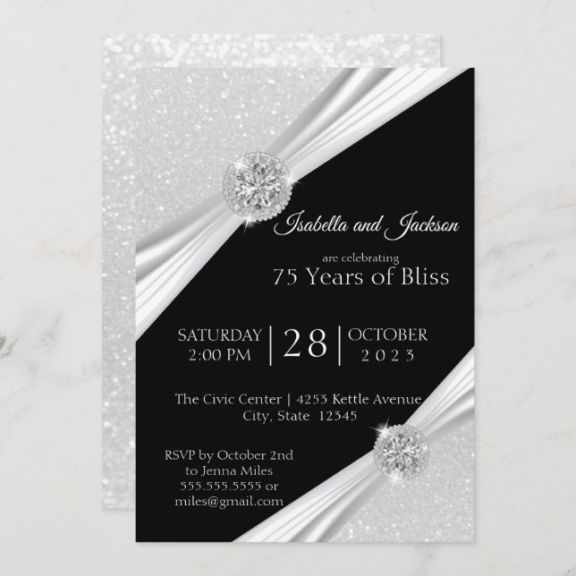 75th / 60th White Glitter Diamond Anniversary Invitation (Front/Back)