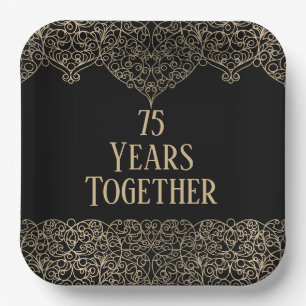 75th Anniversary Gold Lace On Black   Paper Plate