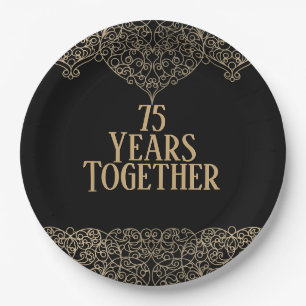 75th Anniversary Gold Lace On Black  Paper Plate