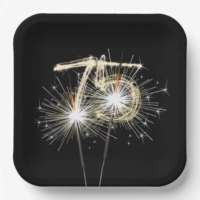 75th Anniversary Party Sparklers on Black Paper Plate (Front)
